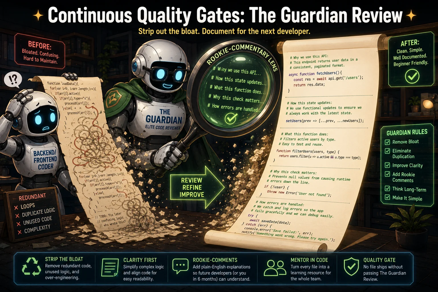 Continuous quality gates review process diagram showing file-by-file review loop