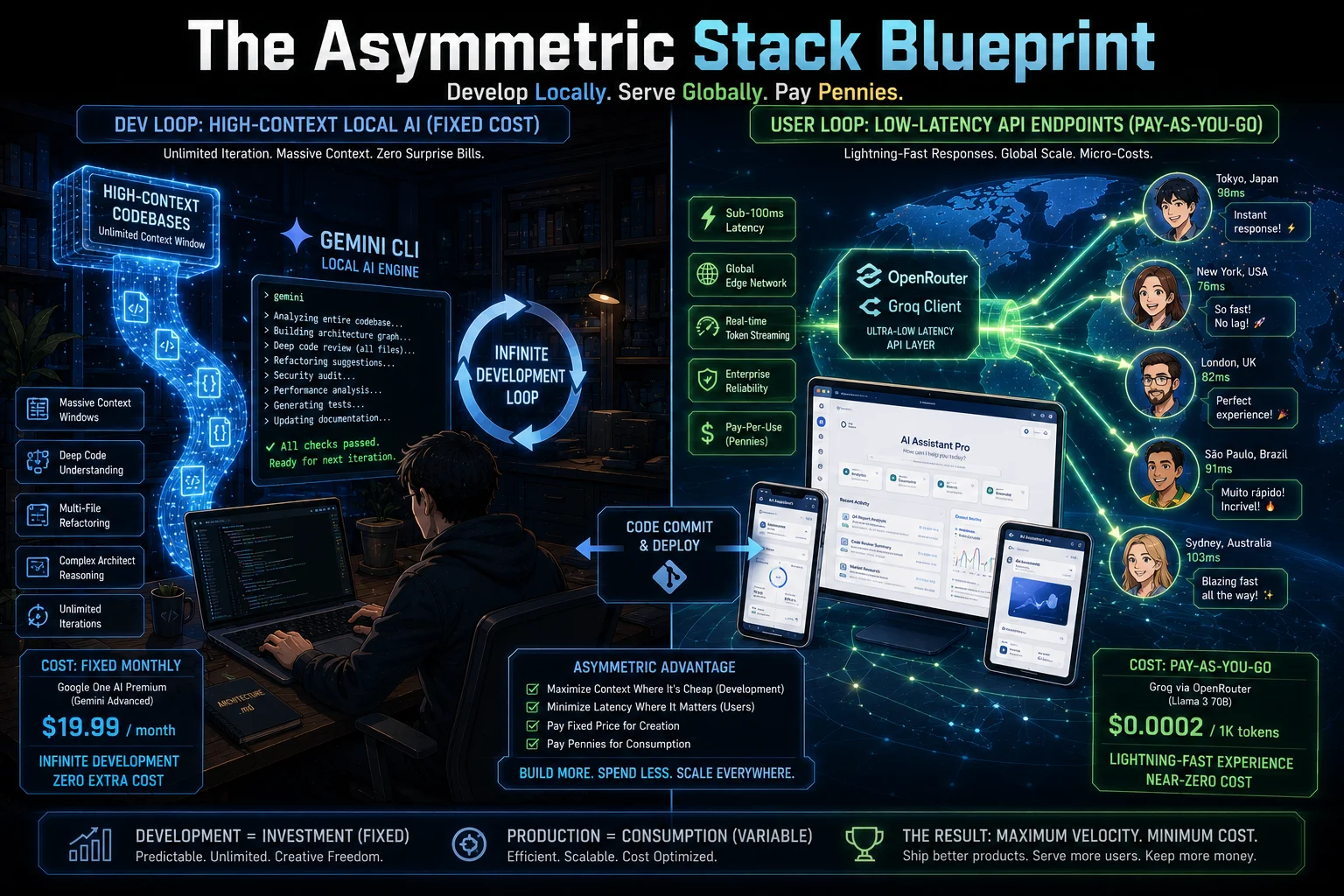 Asymmetric development stack blueprint showing local high-context model vs ultra-low-latency API